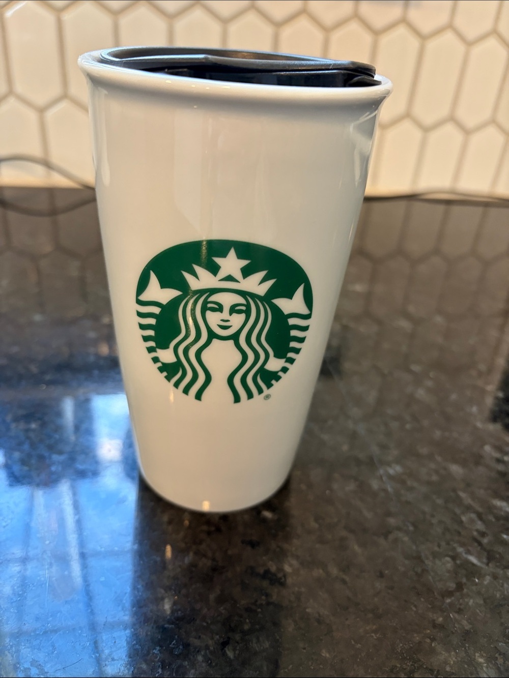 Starbucks White Ceramic Tumbler with Green Logo and Black Lid